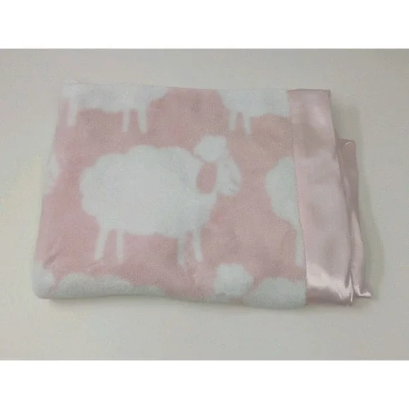 Nordstrom Baby Blanket Pink White Sheep Lamb Satin Trim Edges Lovey 28" x 38" - Picture 3 of 6